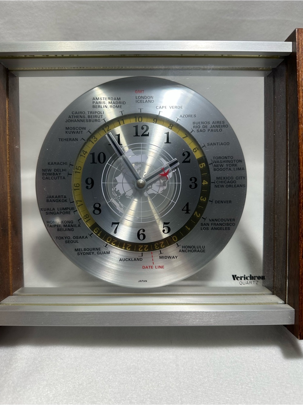 Vintage Verichron Quartz GMT World Time Desk Clock Red Airplane Wood Japan